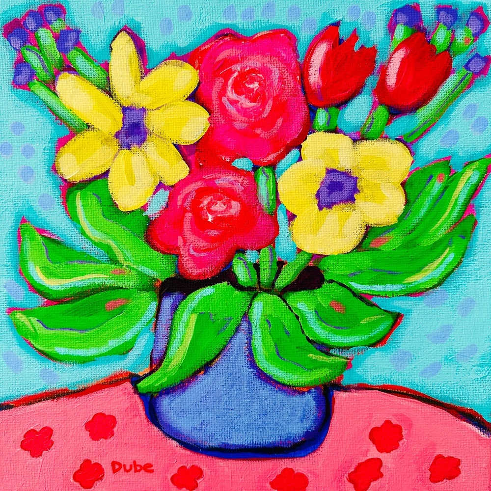 Original Painting Whimsical Collectible Flowers Violet Vase  10" x 10" Canvas